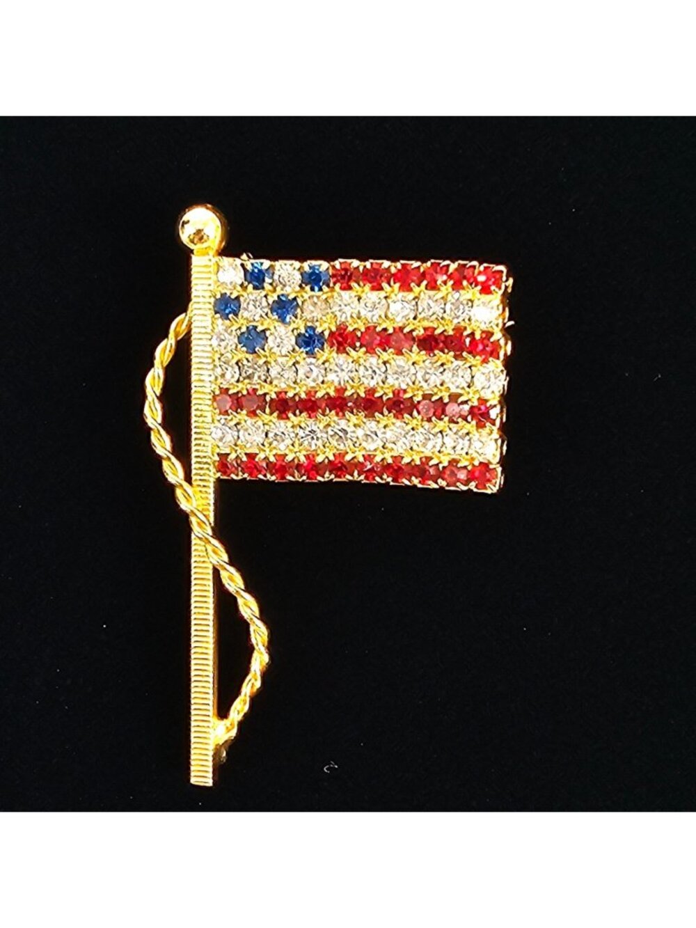 American Flag Brooch Pin Red White Blue Rhinestone Gold Tone Patriotic USA
